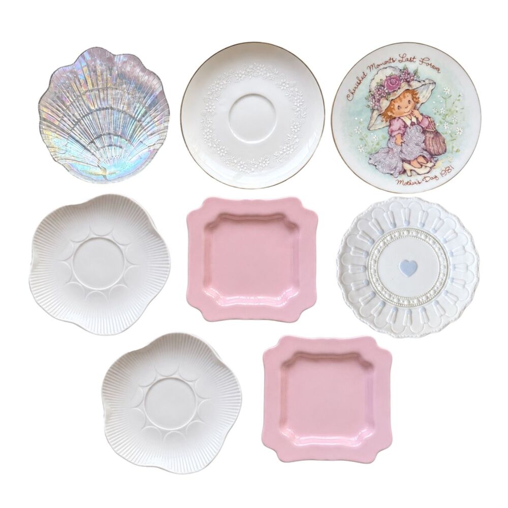 Set of 8 Mini Tea Party Plates Cottagecore Floral Pink Seashell Vintage